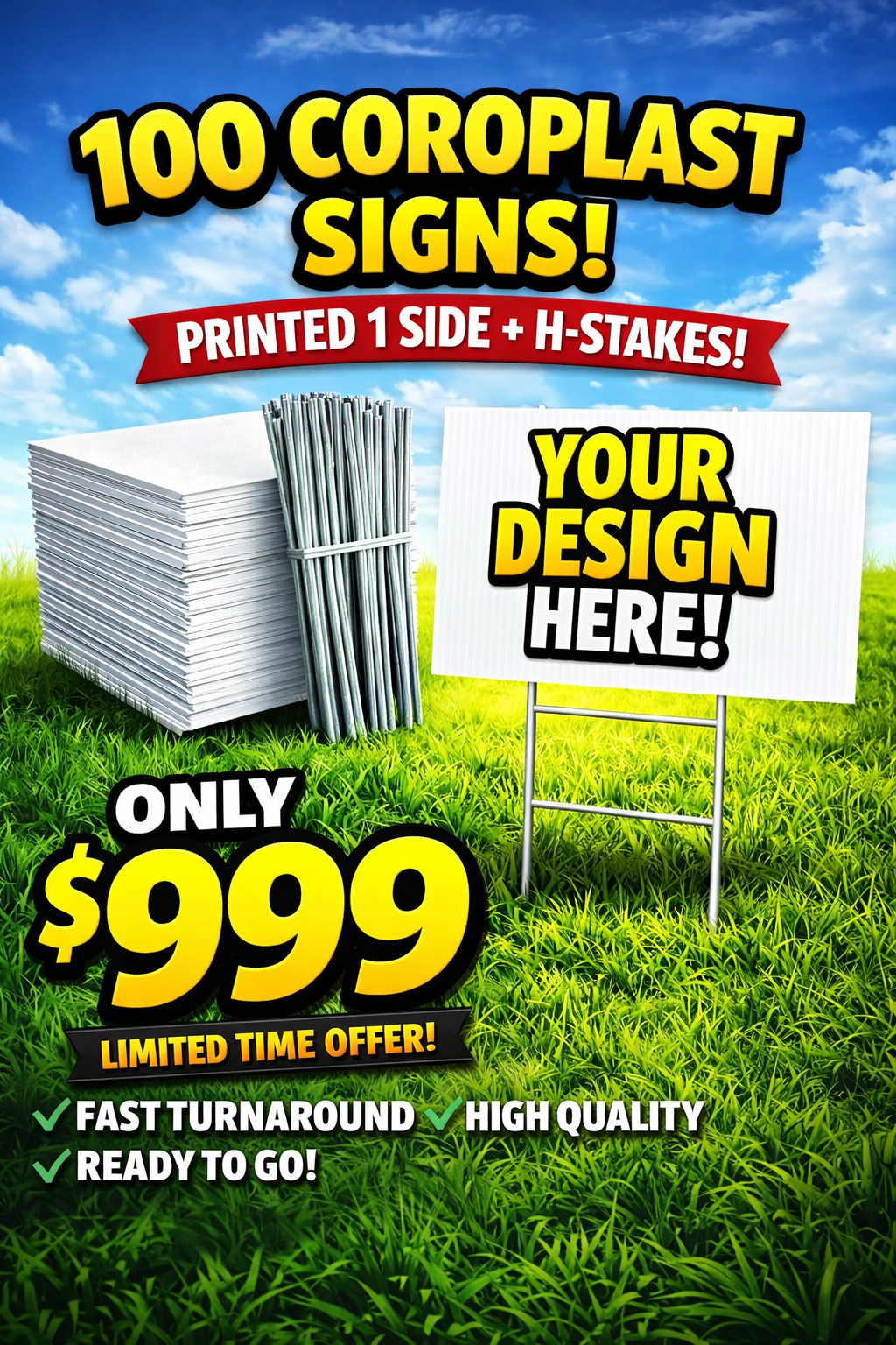 100 pancartes de pelouse personnalisées avec piquets en métal (H)