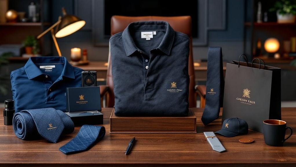 Navy embroidered shirts, ties, and caps arranged on office desk.