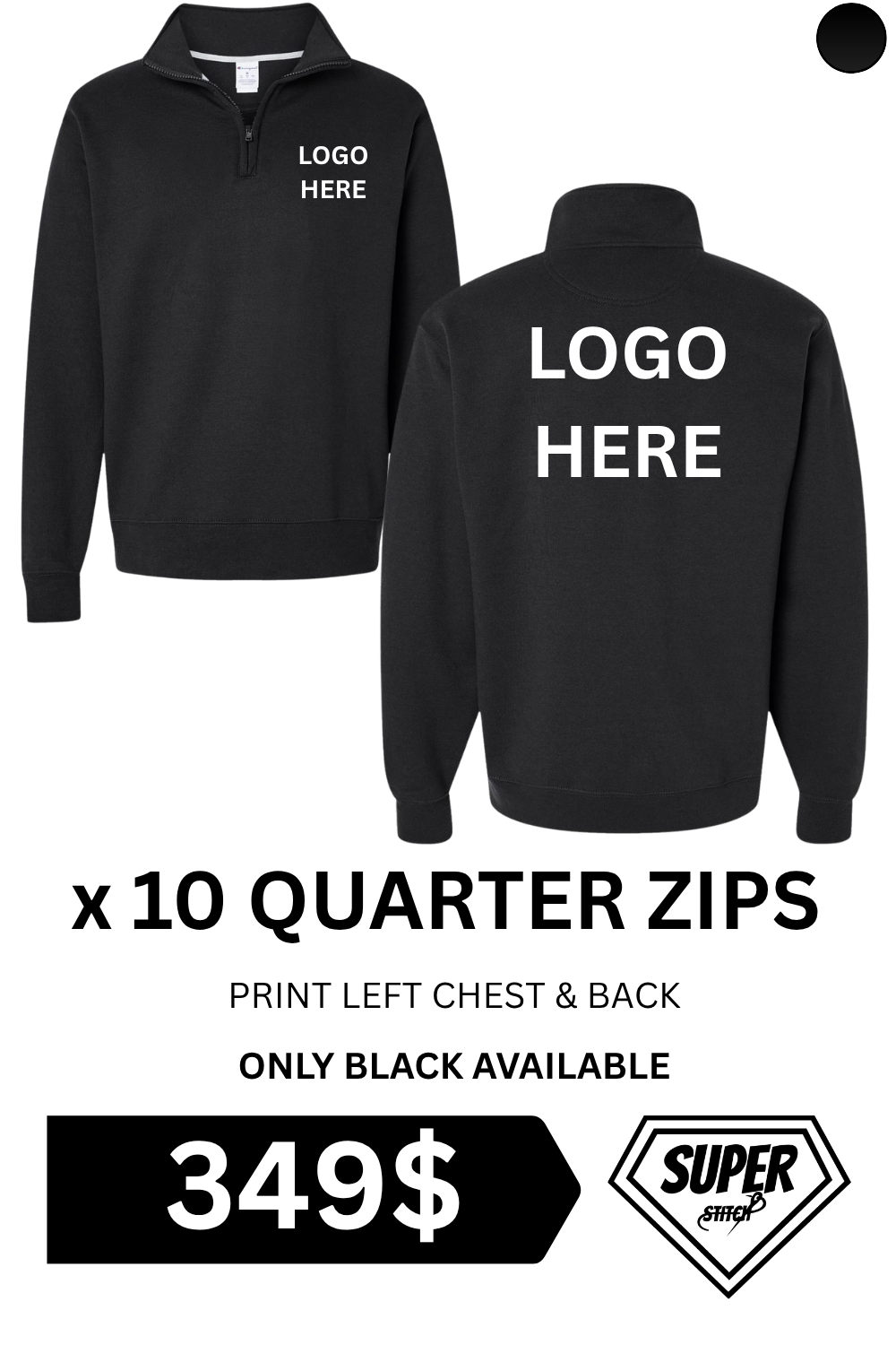 349$ — Pack de 10 quart-zips personnalisés — Impression rapide & qualité