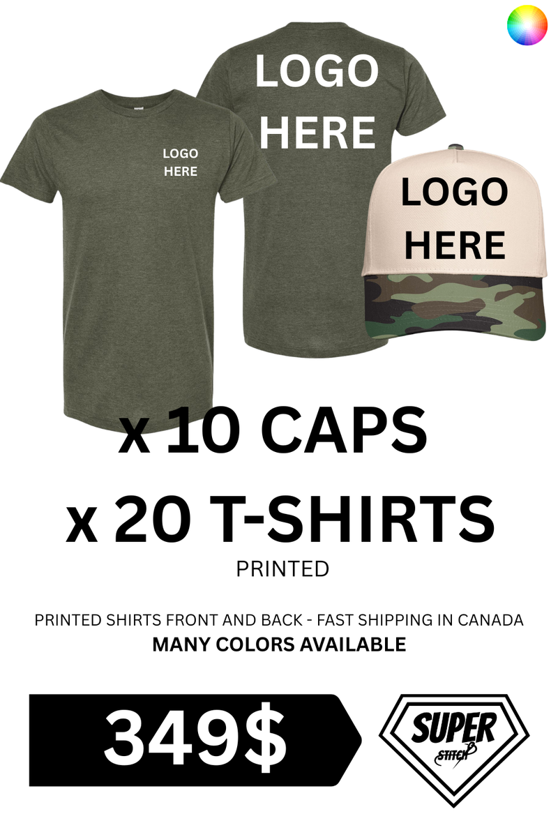 20 t-shirts + 10 casquettes personnalisés pour 349 $ — Habillez toute votre équipe de la tête aux pieds
