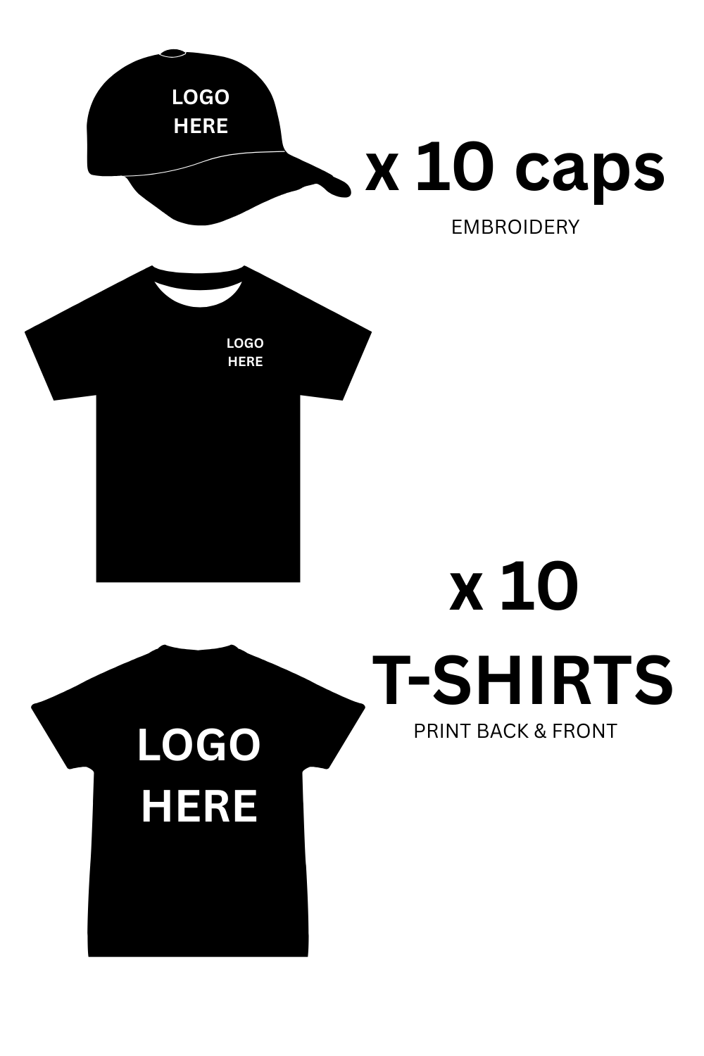 Combo 10 printed t-shirts & 10 embroidered caps