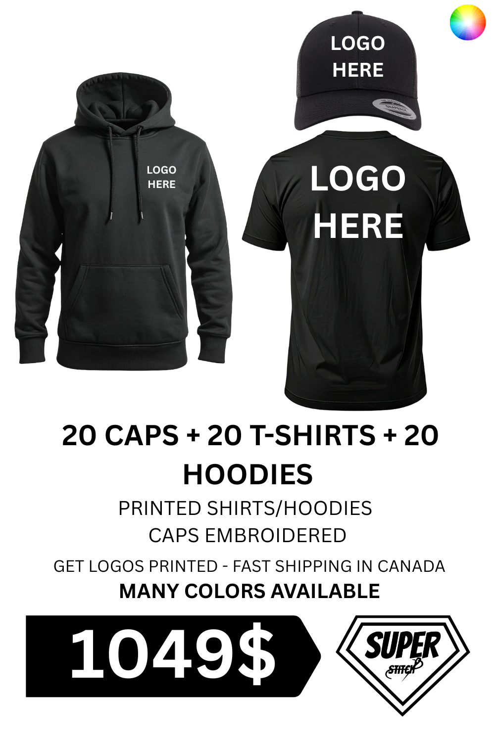 1049 $ – Ensemble ultime en gros : t-shirts, hoodies et casquettes | Livraison rapide partout au Canada