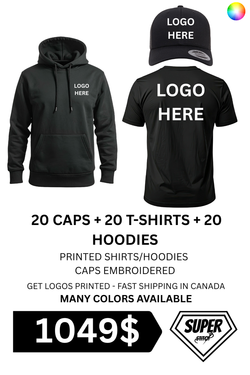 1049 $ – Ensemble ultime en gros : t-shirts, hoodies et casquettes | Livraison rapide partout au Canada