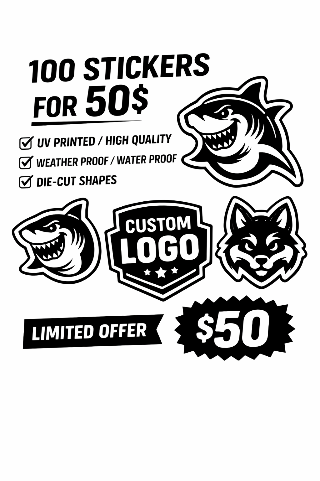 100 x 3inch wide Custom Stickers — Premium Glossy Vinyl