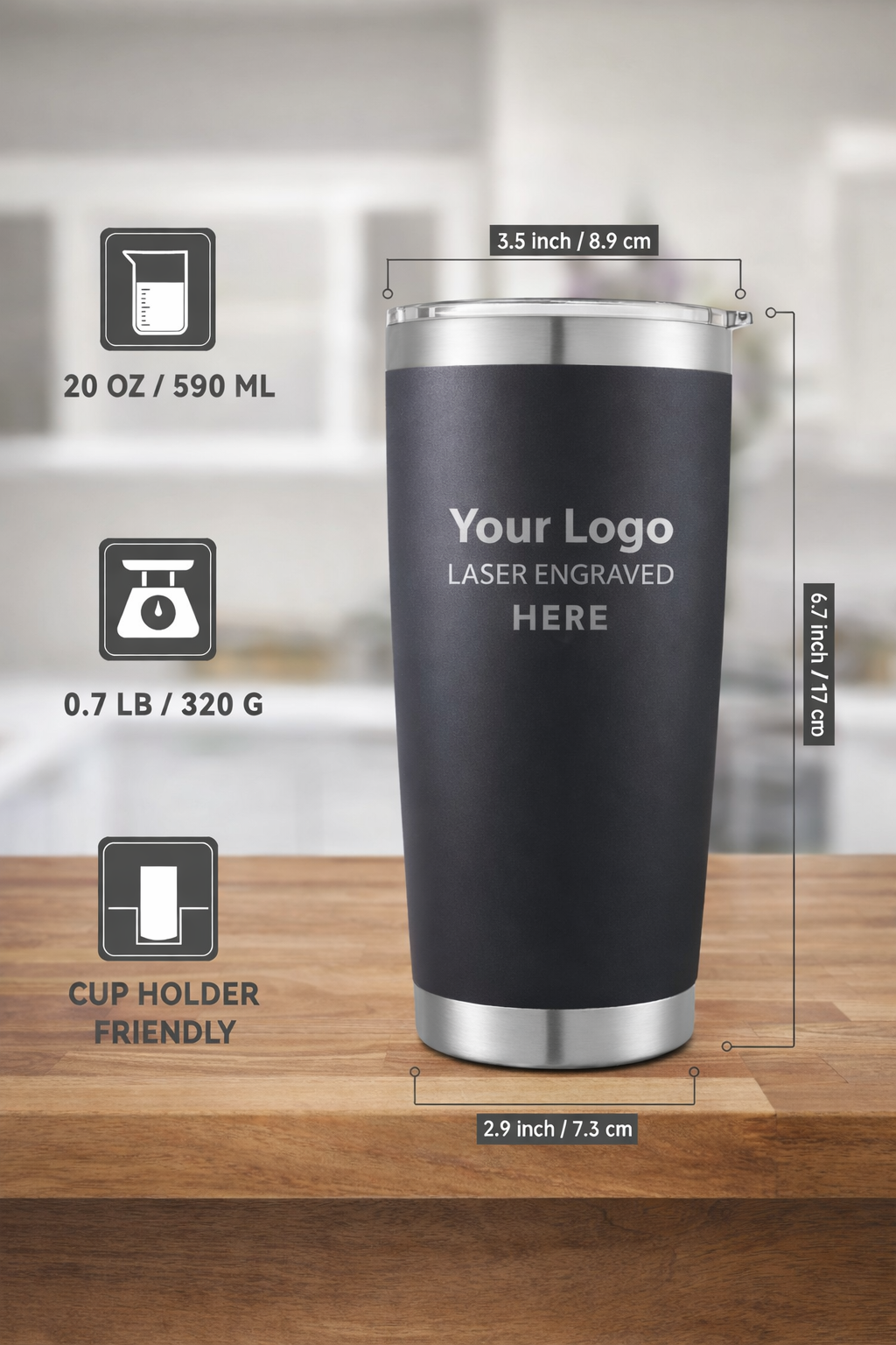 Tasse en acier inoxydable 20 oz gravé au laser sur mesure - personnalisée avec logo | Isolation à double paroi