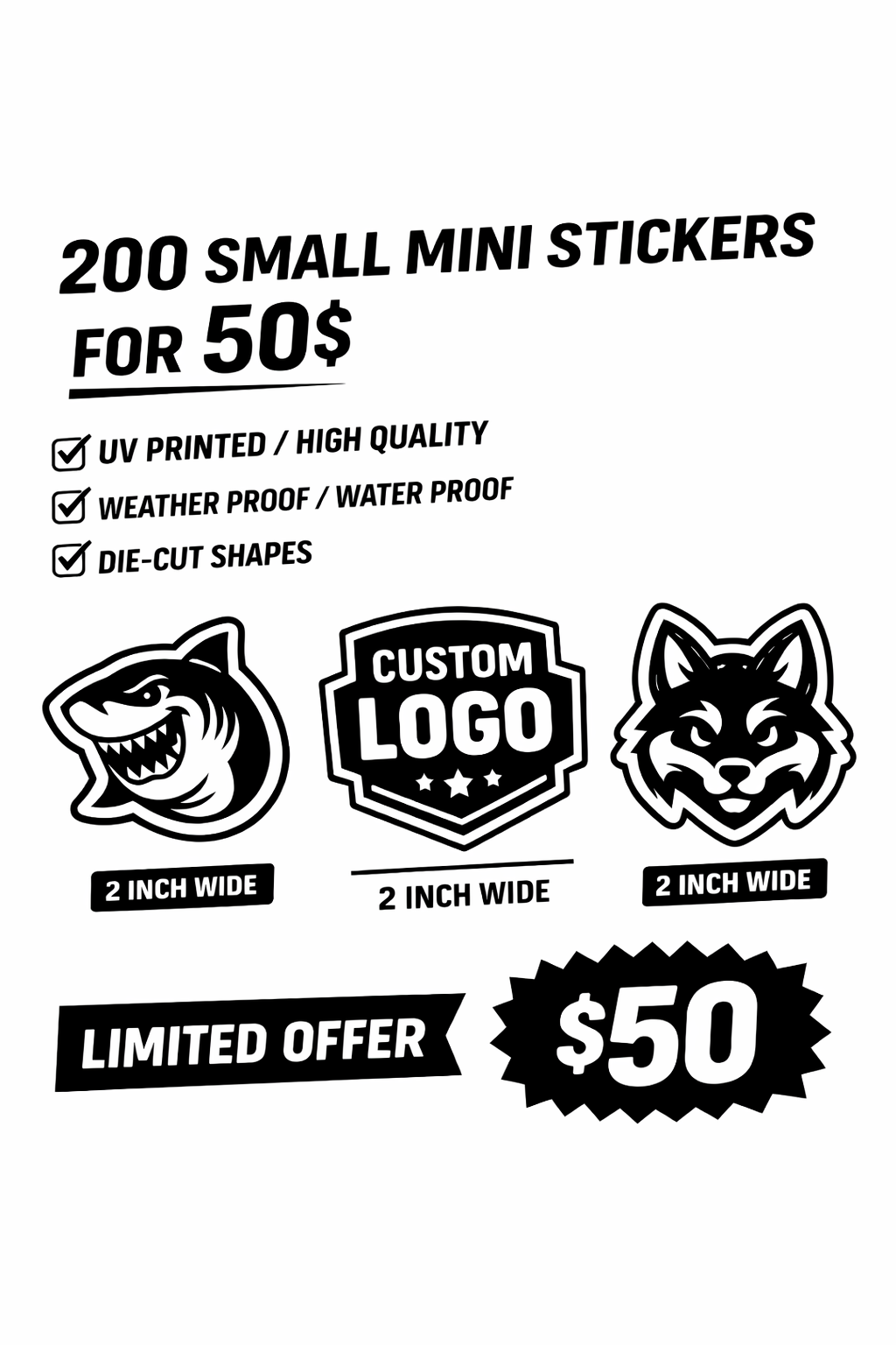 200 x 2inch wide Mini Custom Stickers — Premium Glossy Vinyl