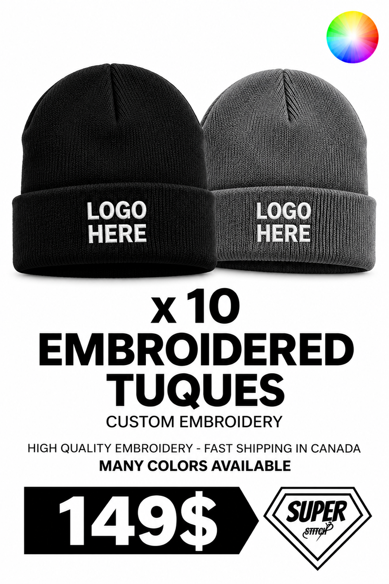 149 $ – 10 tuques brodées personnalisées – Broderie de logo haut de gamme – Ensemble de vêtements de travail d’hiver | Livraison rapide partout au Canada