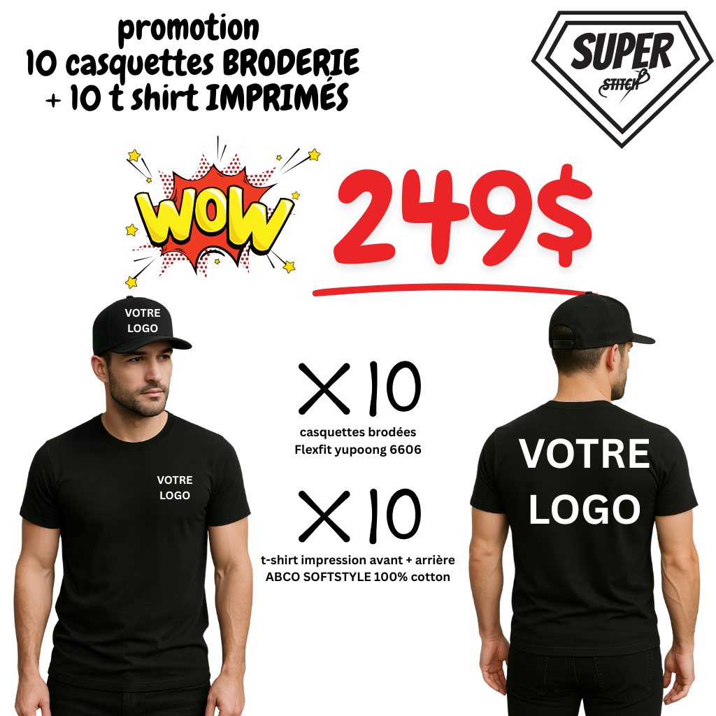 Combo 10 printed t-shirts & 10 embroidered caps