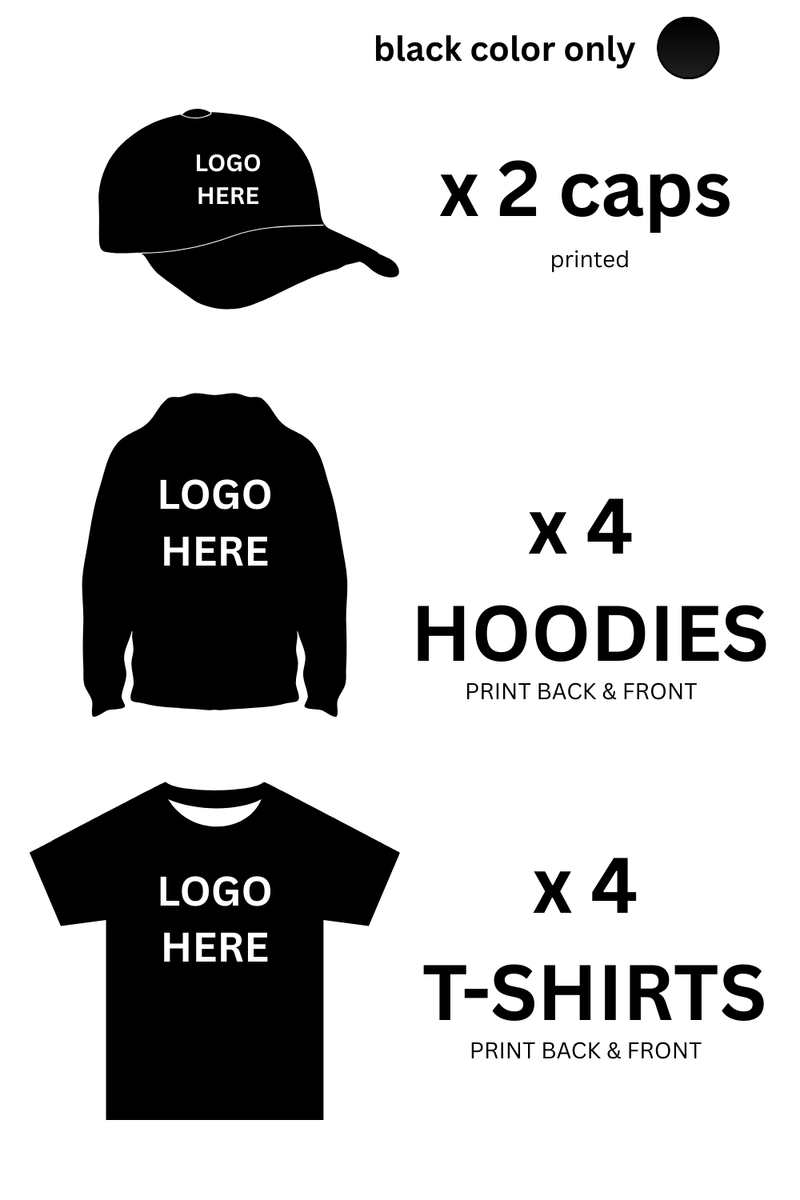 199$ for Starter Custom Apparel Bundle – 4 Printed T-Shirts, 4 Hoodies & 2 Embroidered Caps