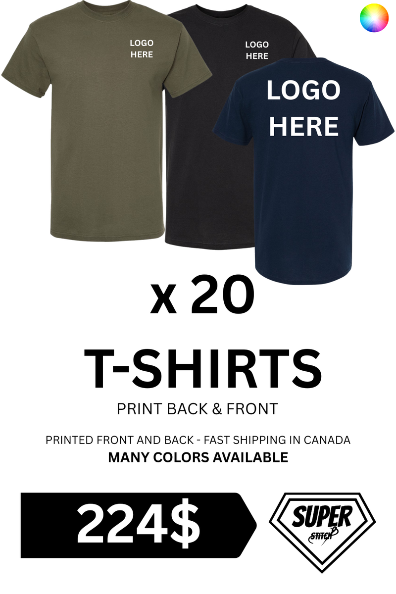 224 $ pour 20 t-shirts personnalisés – Impression en gros de t-shirts en coton personnalisés | Livraison rapide au Canada