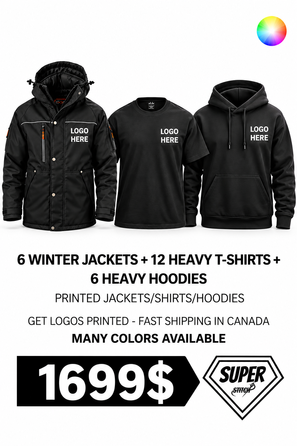 $1,699 – 6 Custom Winter Jackets + 12 Heavyweight T-Shirts + 6 Heavyweight Hoodies – Premium Winter Workwear Bundle | Fast Shipping Canada