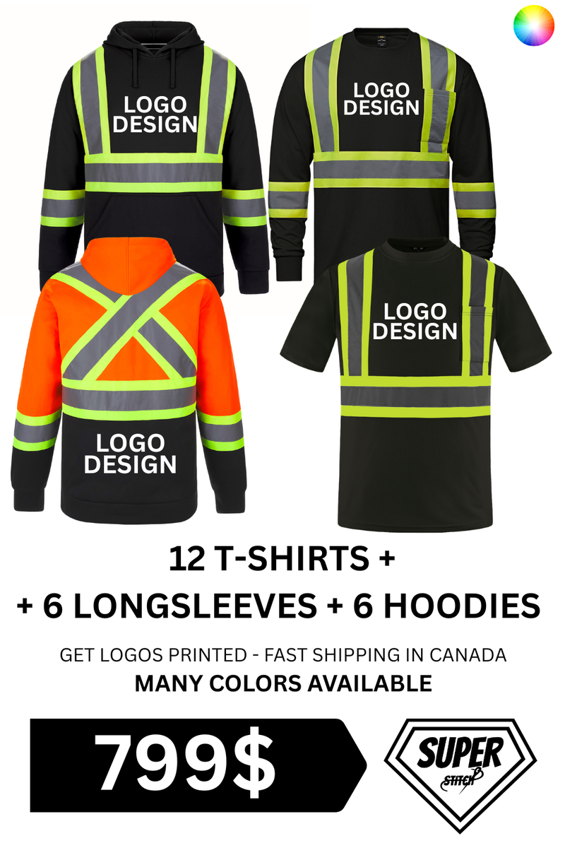 799 $ – 12 T-shirts haute visibilité personnalisés + 6 chandails à manches longues + 6 hoodies – Ensemble de vêtements de travail de sécurité | Livraison rapide au Canada