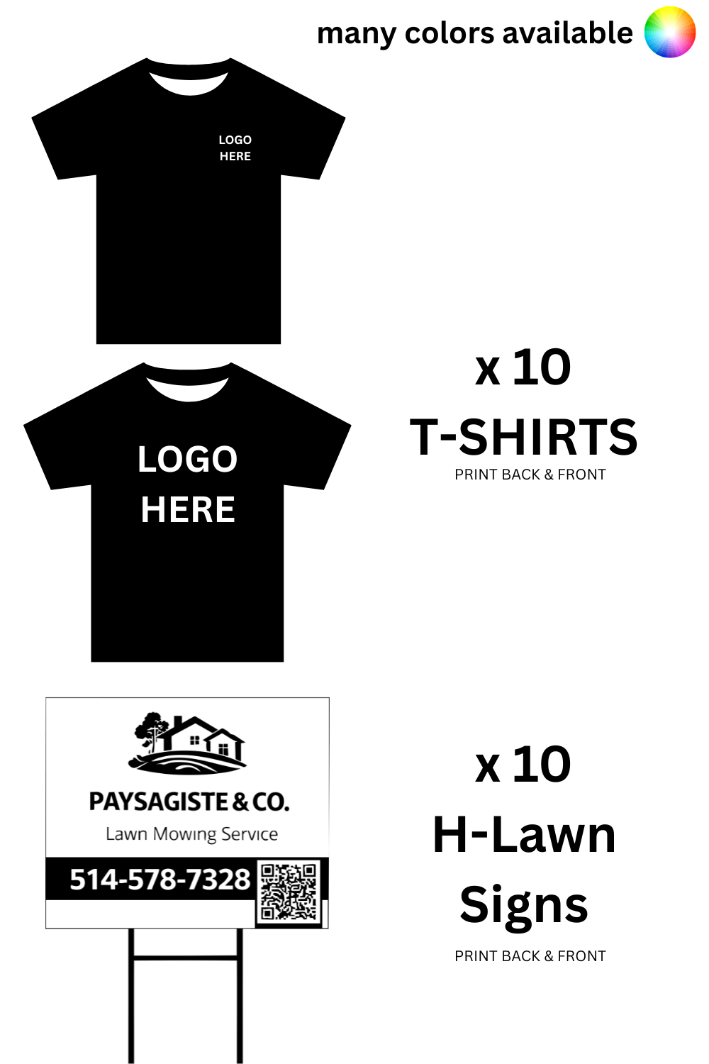 279,99 $ – 10 t-shirts personnalisés + 10 pancartes de pelouse imprimées personnalisées | Livraison rapide au Canada